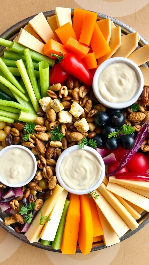A vibrant snack dinner platter with vegetables, cheese, nuts, fruits, and dips on a rustic wooden table.